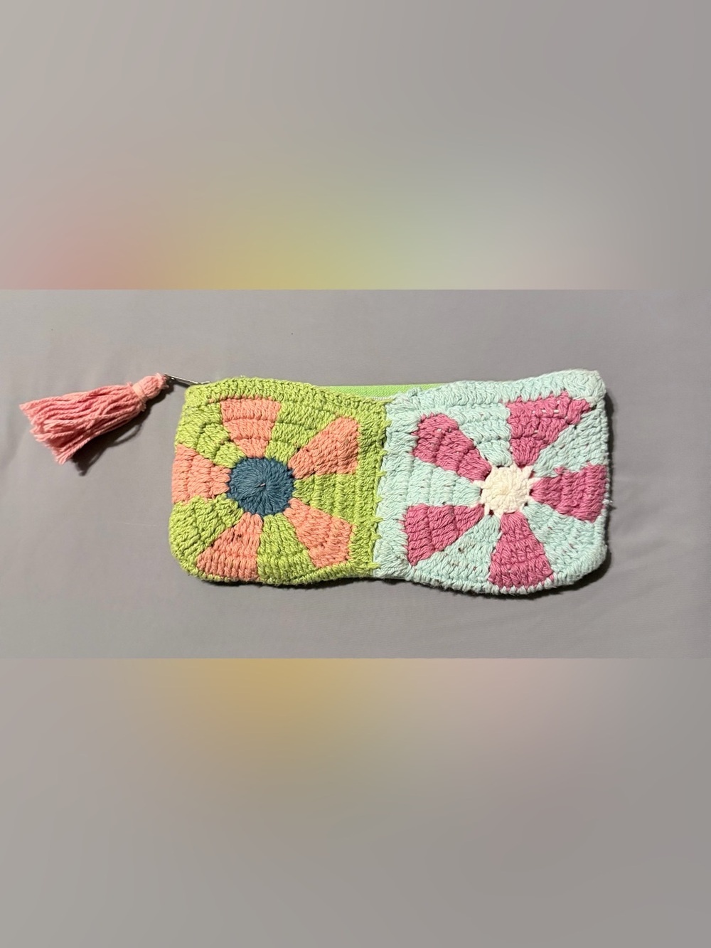 Crochet Floral Zip Pouch in Pastel Pink & Mint
